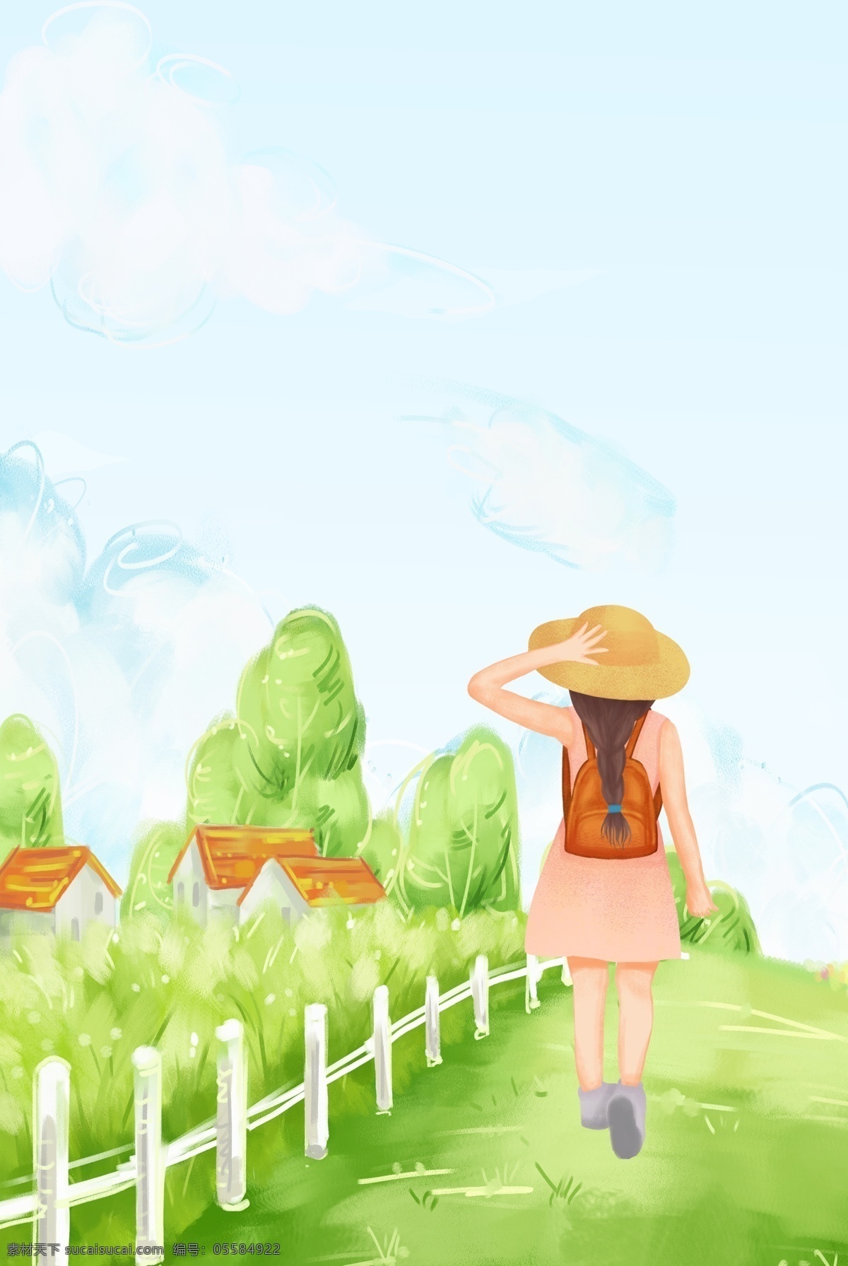 绿色 小道 清新 插 画风 简约 背景 卡通 手绘 插画风 简洁 清爽 女孩 促销海报 旅行海报 植物