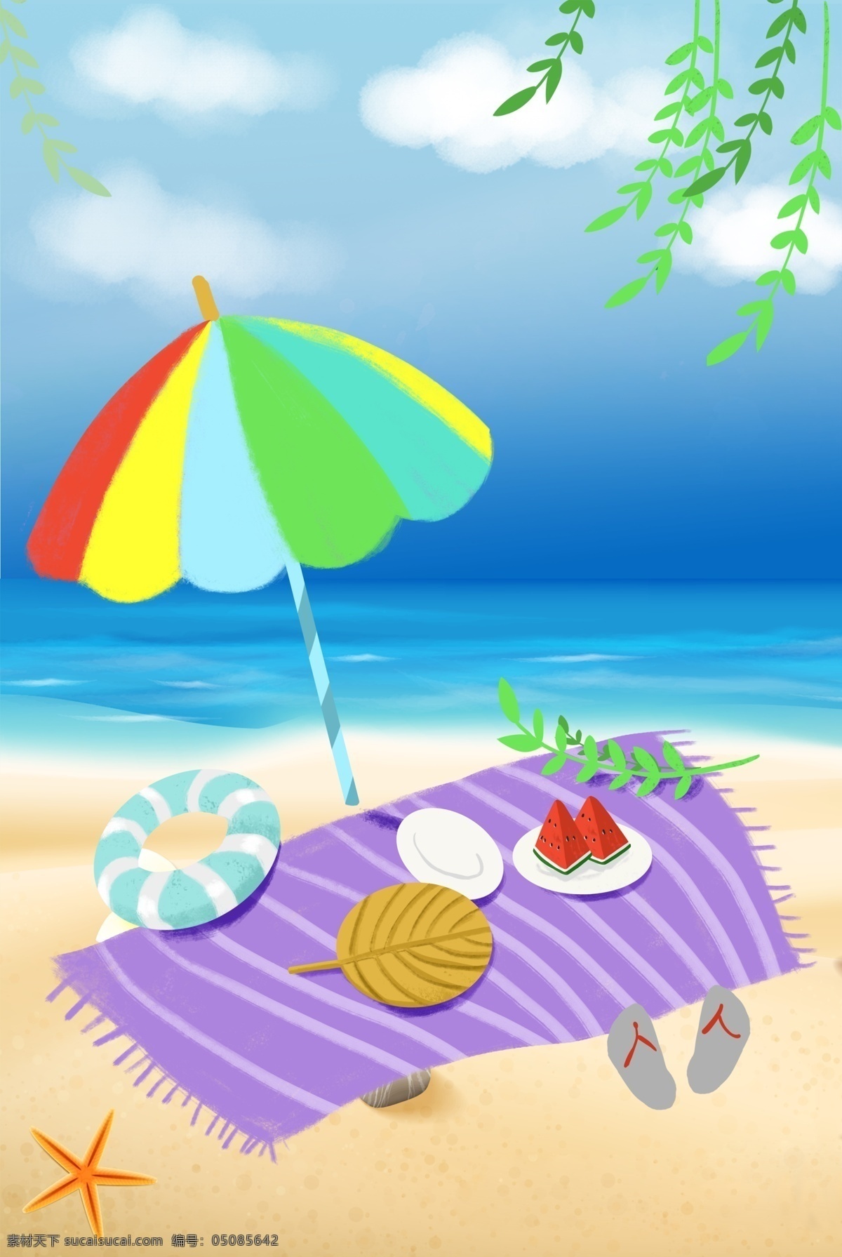 夏天 暑期 海边 休闲 背景 暑期海边休闲 绿叶场景 游泳圈 遮阳伞 地垫 夏至 度假 拖鞋 插画 绿荫 西