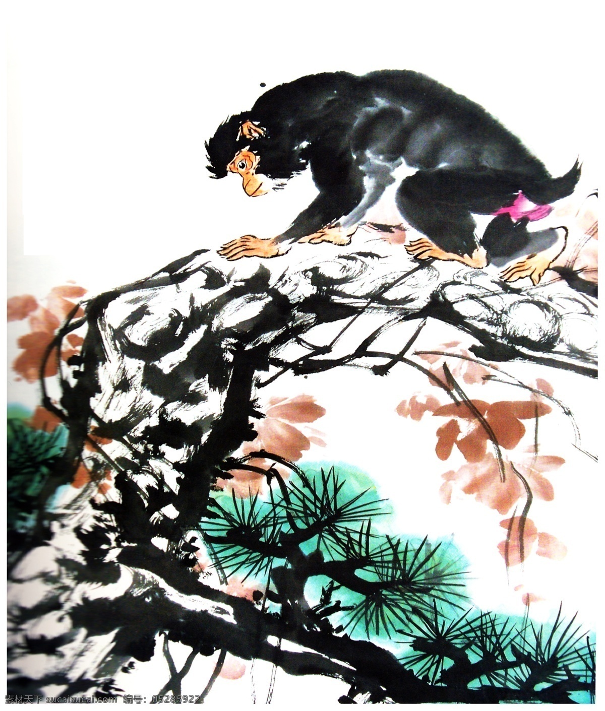 猴子国画 猴子水墨画 猴子水彩画 树干上猴子 松树国画 松树枝水墨画 松树针水彩画 国画素材 背景装饰画 室内挂画 装饰画 国画集 绘画书法 文化艺术