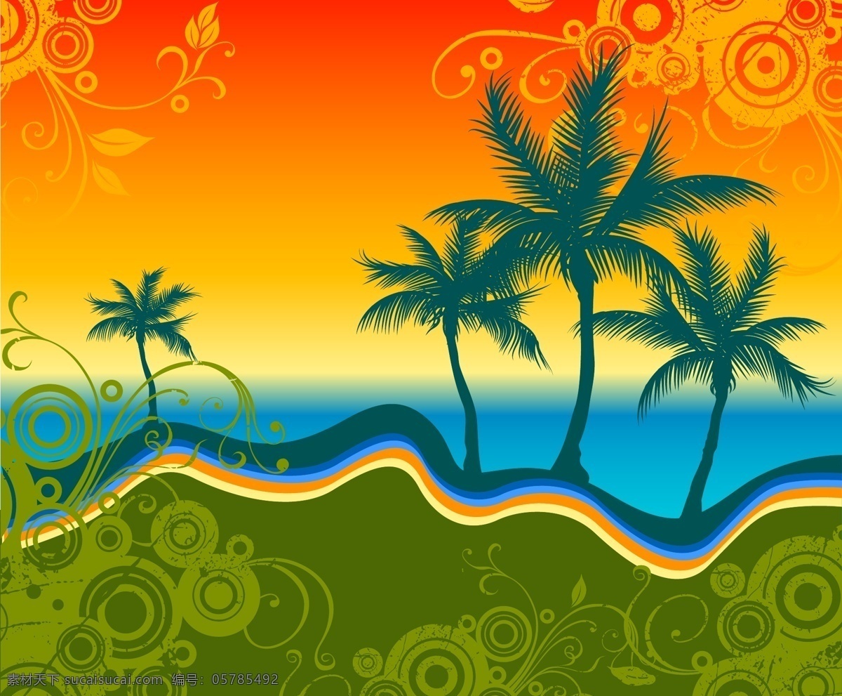 款 潮流 元素 海边 风光 矢量 潮流花纹 大海 动感彩色线条 剪影 矢量风景 矢量图 椰子树 其他矢量图