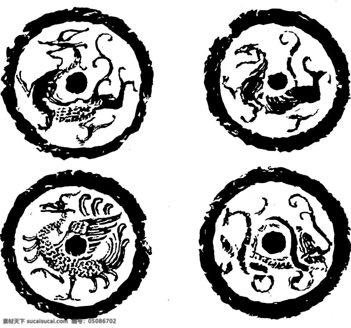 古代 龙凤 图案 传统图案 底纹底图 矢量图 圆形 古代动物图案 其他矢量图