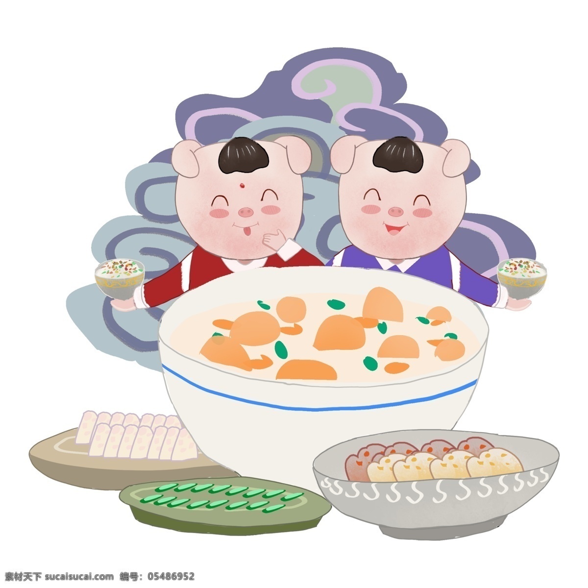 新年 人物 美食 插画 美味的食物 贺新年 新年快乐 可爱的小猪 小 猪 手绘 粉色的小猪