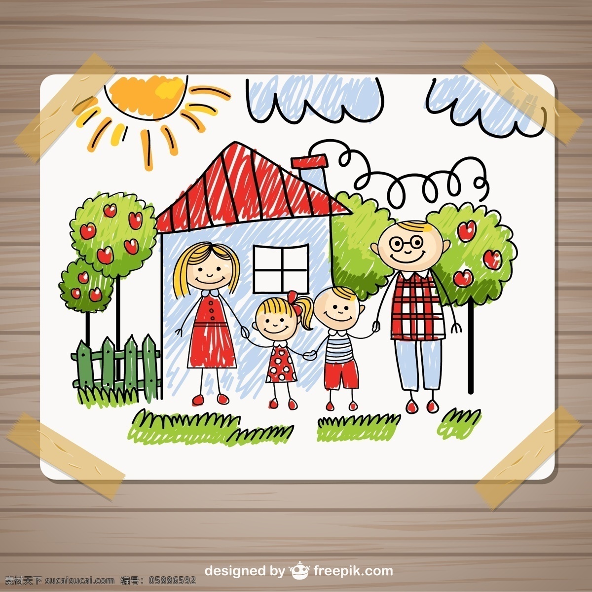 家庭 儿童 插画 太阳 苹果树 花园物 矢量 高清图片