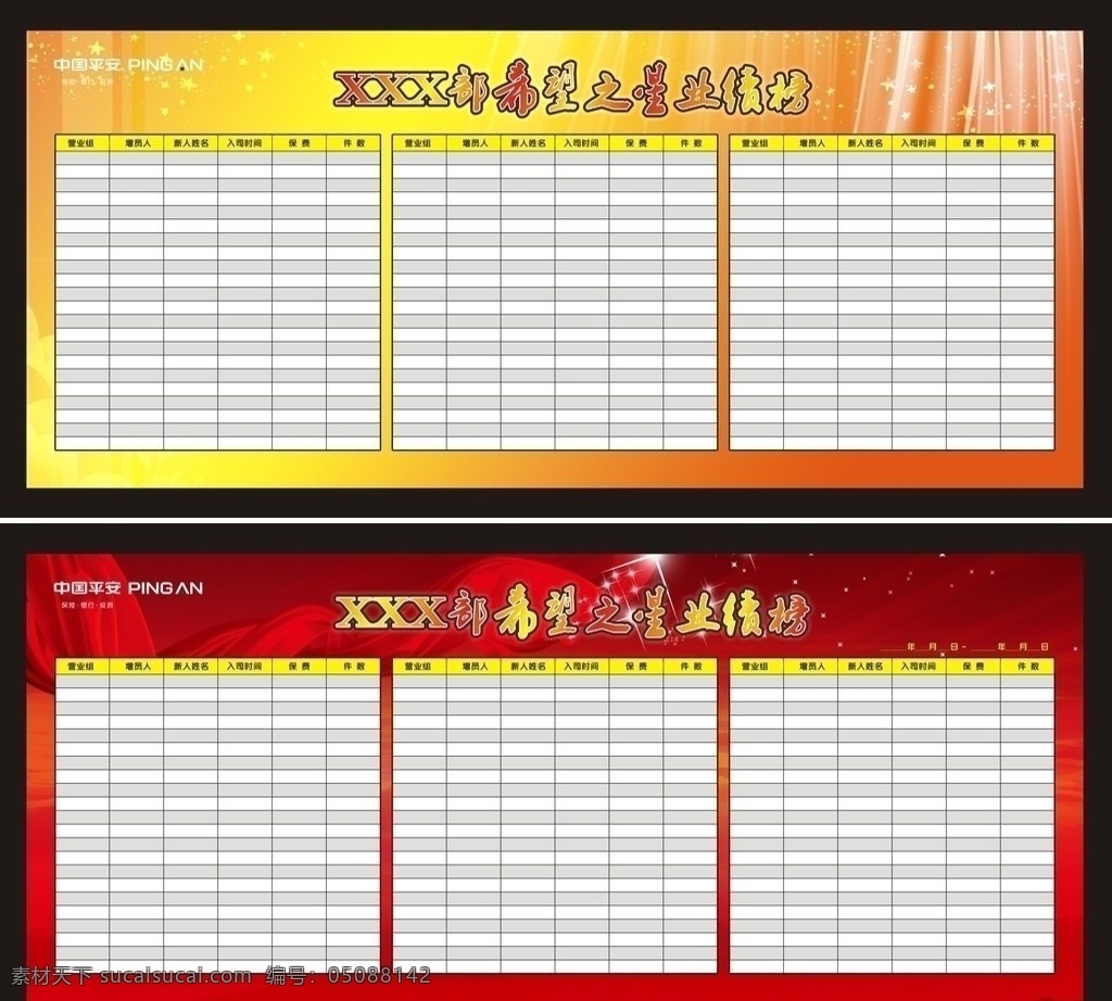 中国 平安 展板 希望 之星 业绩榜 营业部 新人 入司时间 件数 保费 红色背景 黄色背景 x4 展板模板 矢量