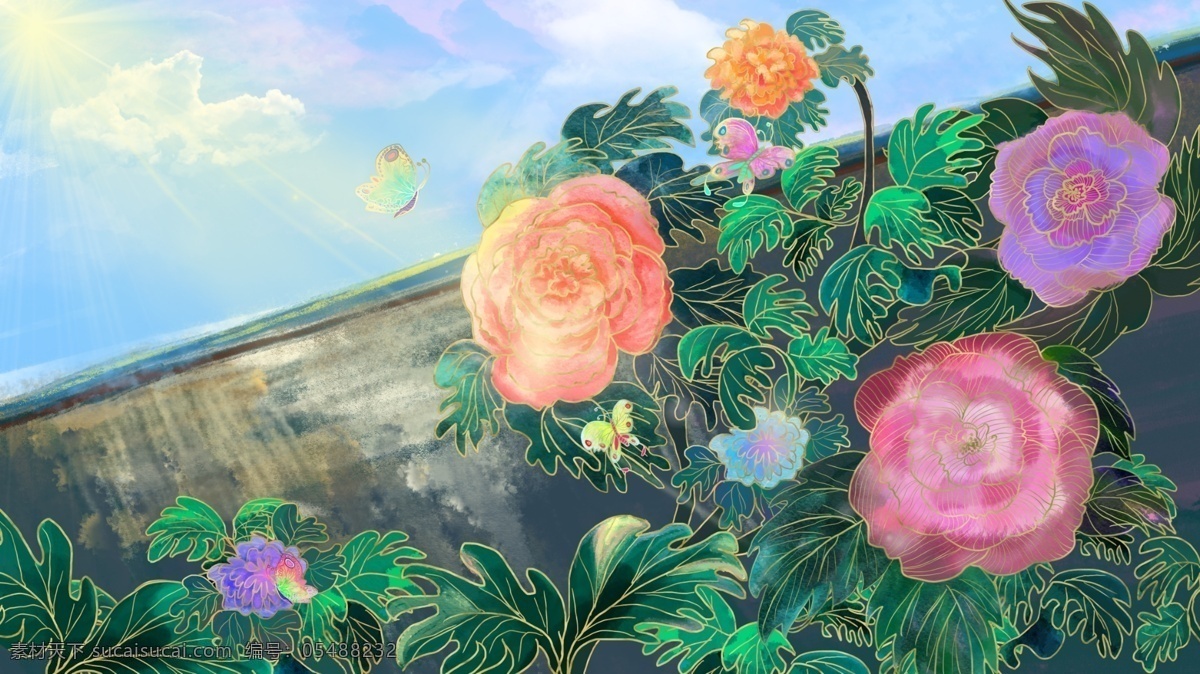 阳光 下 牡丹花 流光溢彩 水彩 插画 植物 唯美 蝴蝶 壁纸 天空白云 仰望 配图 肌理 写实插画