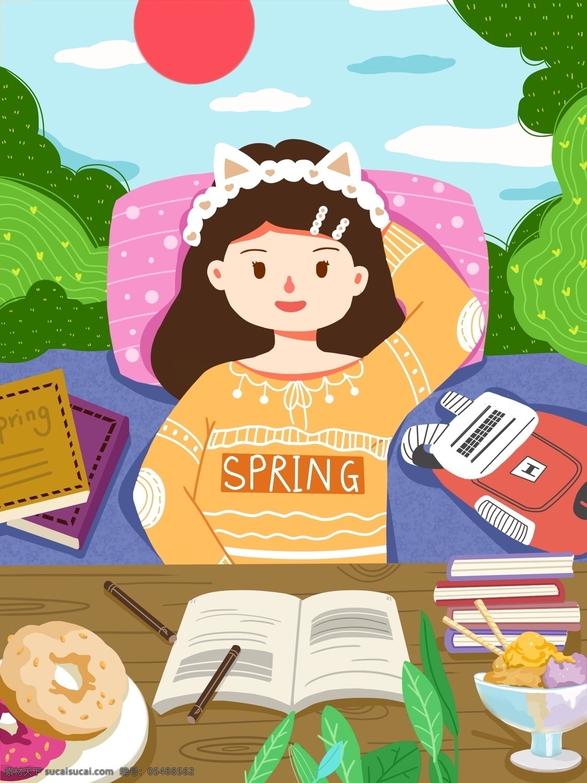 青年节 女孩 看书 吃 甜点 小 清新 插画 青年 节日 吃甜点 小清新