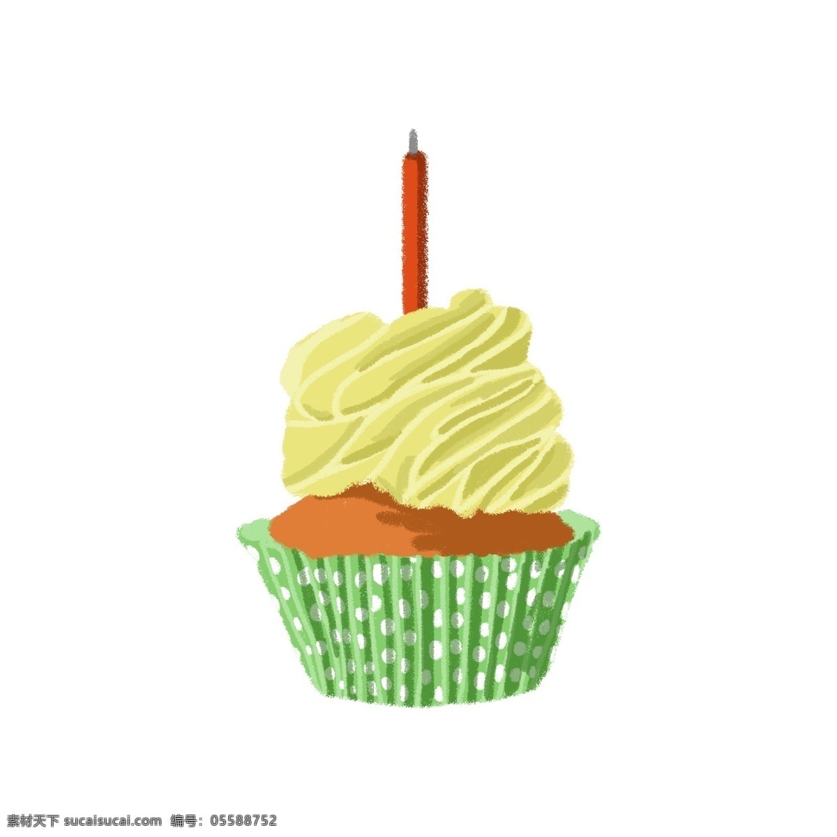 黄色 杯子 蛋糕 甜品 甜点 甜食 杯子蛋糕 奶油 鲜奶油 黄色奶油 绿色包装纸 波点 蜡烛 美味