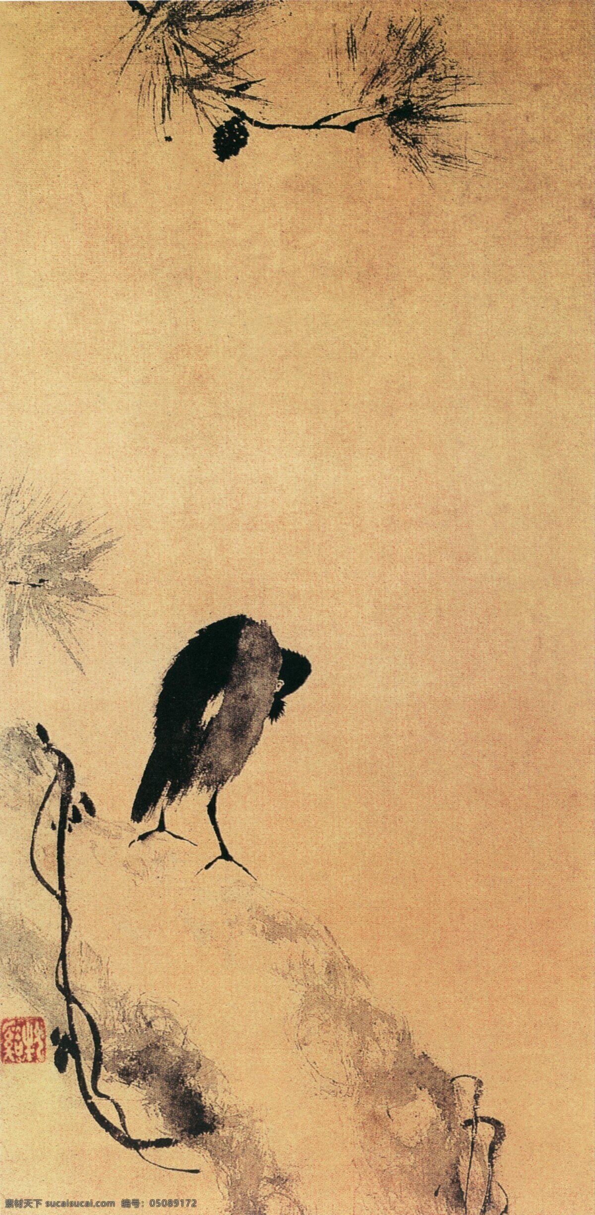 松树 上 停 憩 鸟 花卉画 禽鸟 走兽 虫 鱼 画 界画 文化艺术