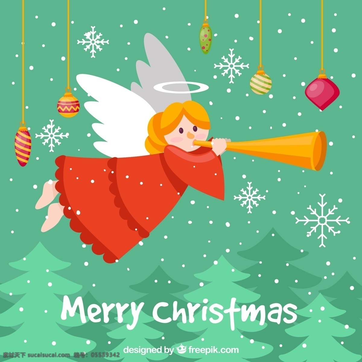 卡通 圣诞 红衣 服 天使 矢量 彩球 节日 可爱 圣诞节 雪花
