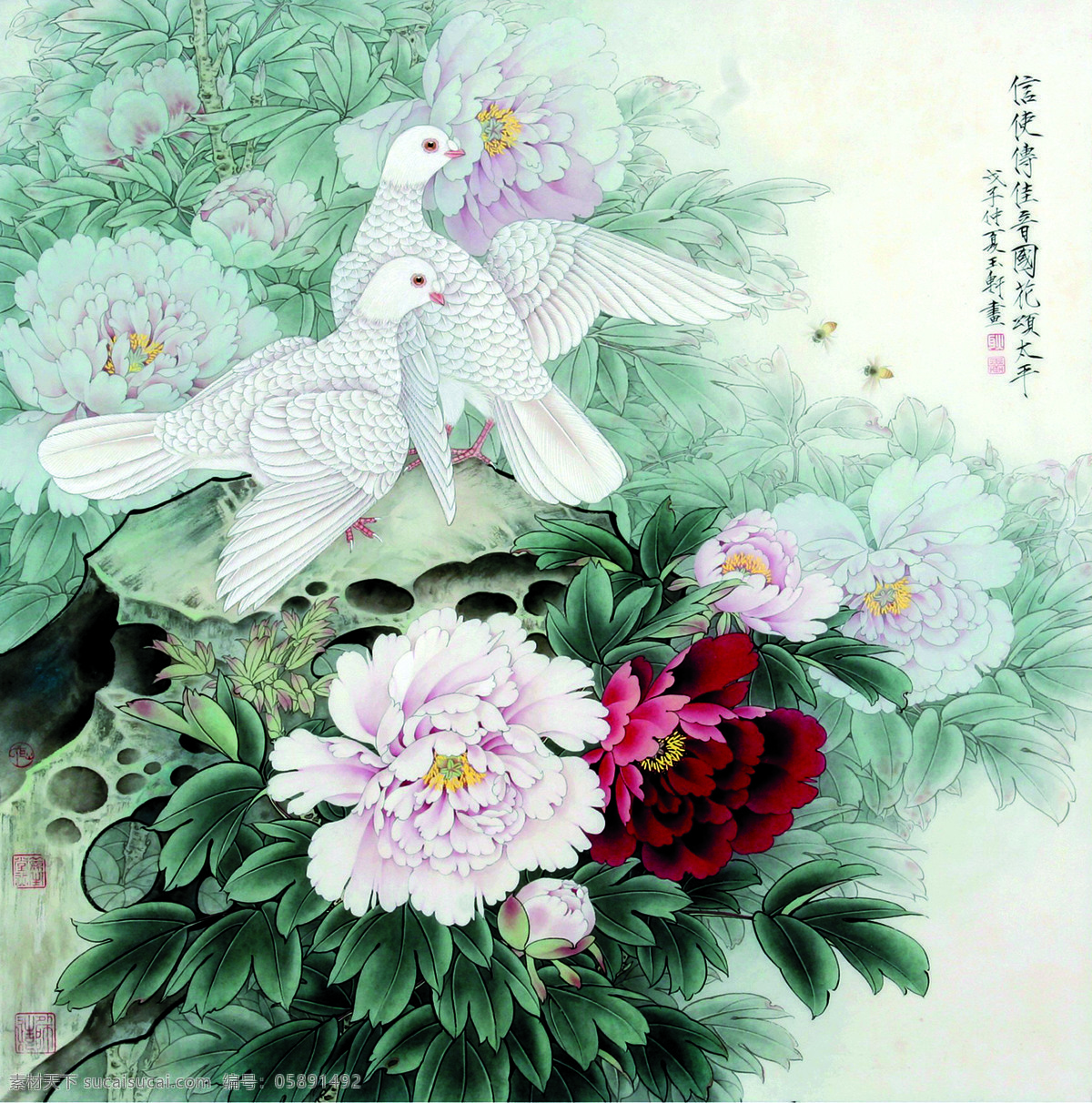 信使 传 佳音 国花 颂 太平 美术 中国画 工笔画 花鸟画 白鸽 牡丹花 文化艺术 绘画书法 白色