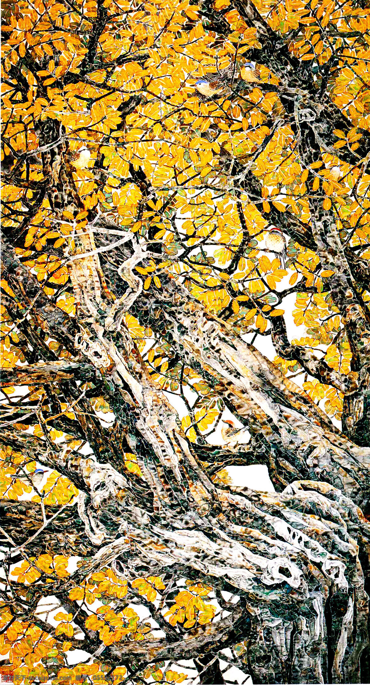 彩墨画 国画艺术 花鸟画 绘画书法 美术 鸟儿 秋色 一树一世界 中国画 水墨画 树木 金黄叶子 书法 印章 国画集37 文化艺术 家居装饰素材 雕刻 图案