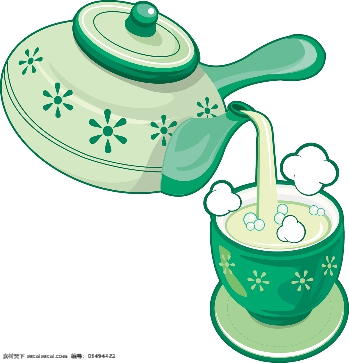 清新 绿色 茶壶 水杯 矢量 元素 中国风 卡通 花纹 矢量元素 免抠元素 透明元素