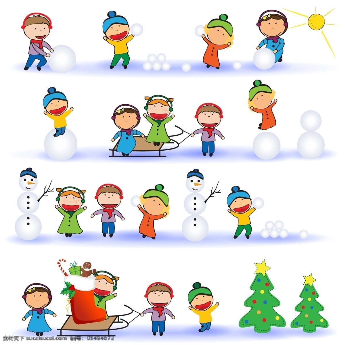 堆 雪人 圣诞树 卡通 动物 儿童 矢量 堆雪人 滚雪球 卡通儿童 矢量素材