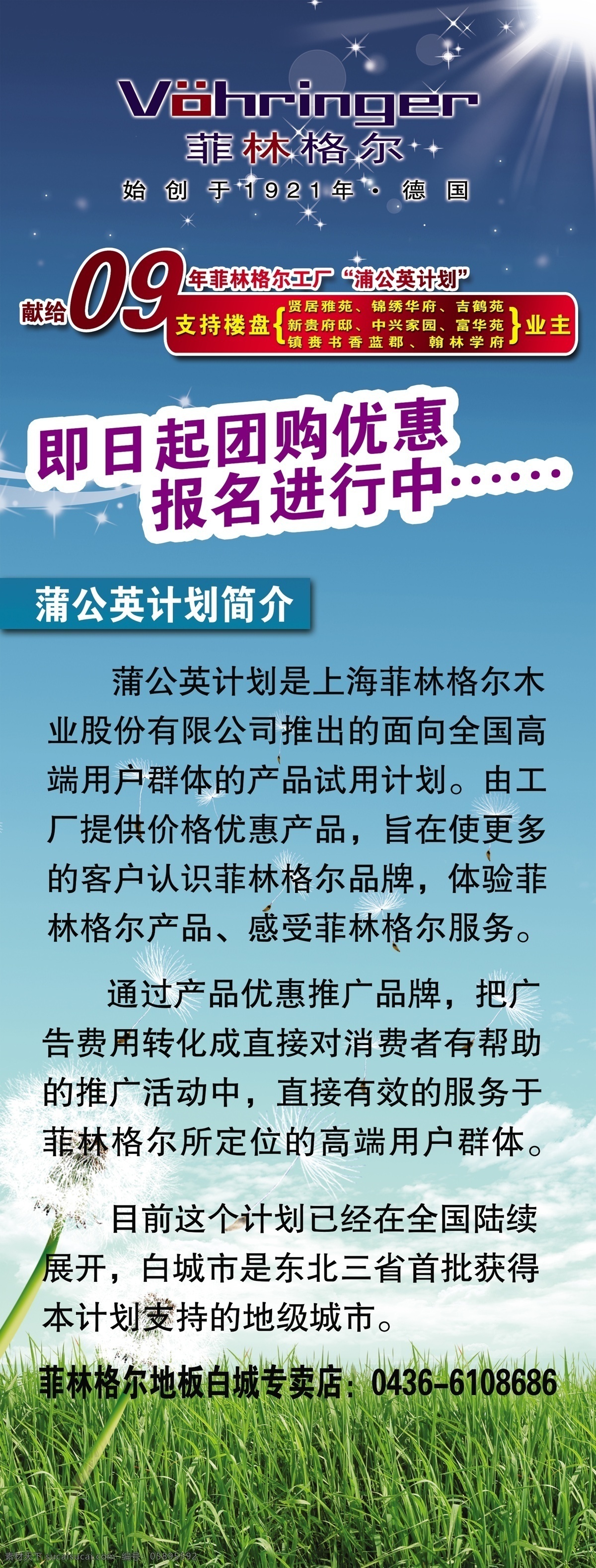 菲 林格尔 广告设计模板 蓝天草地背景 源文件 菲林格尔 菲林格尔地板 蒲公英活动 海报 海报背景图