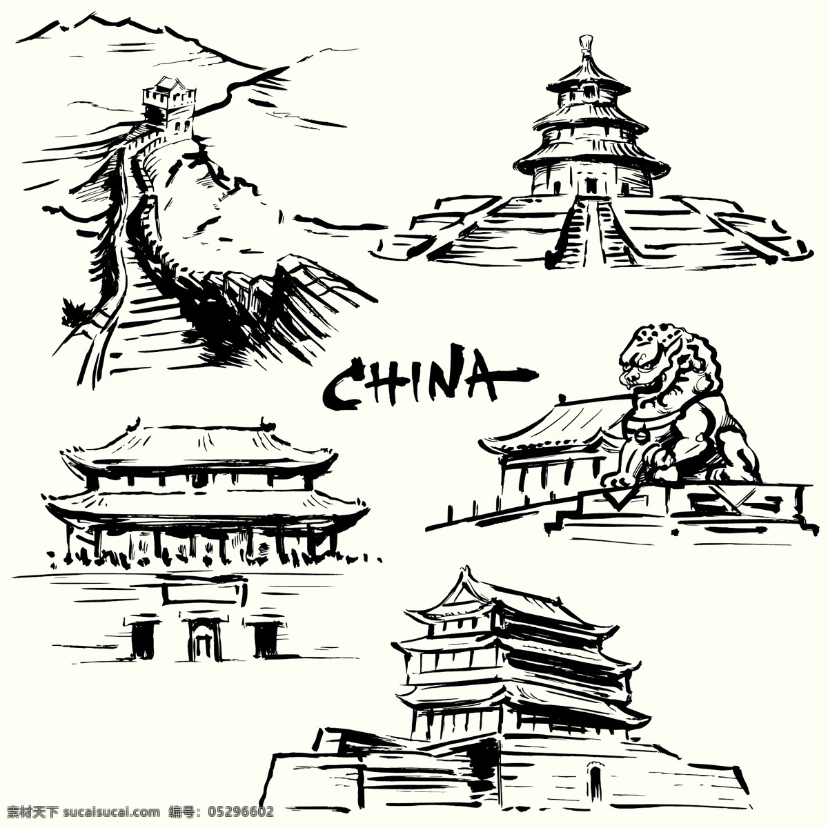 中国 著名 建筑 矢量 手绘 风景名胜 长城 天坛 故宫 石狮子 文化遗产 矢量图