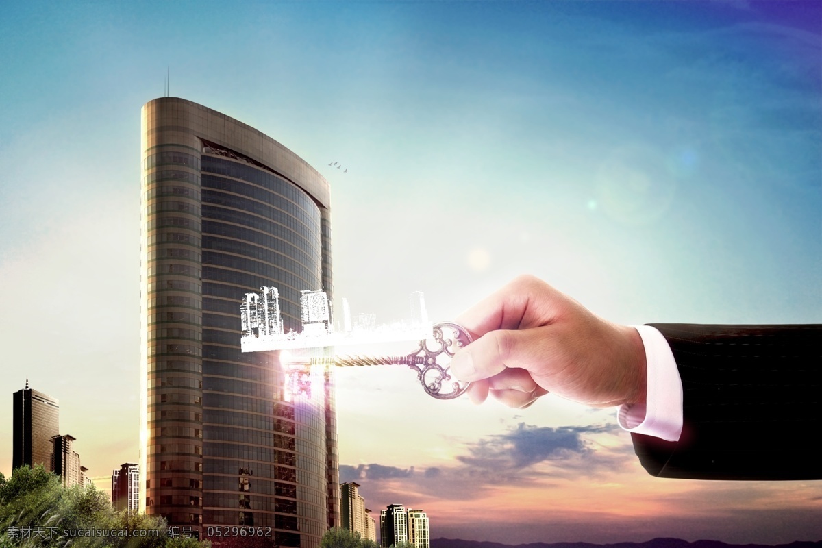 商务 金钥匙 分层 城市 大厦 风景图片 建筑 蓝色天空 商务素材 商务图片 psd源文件