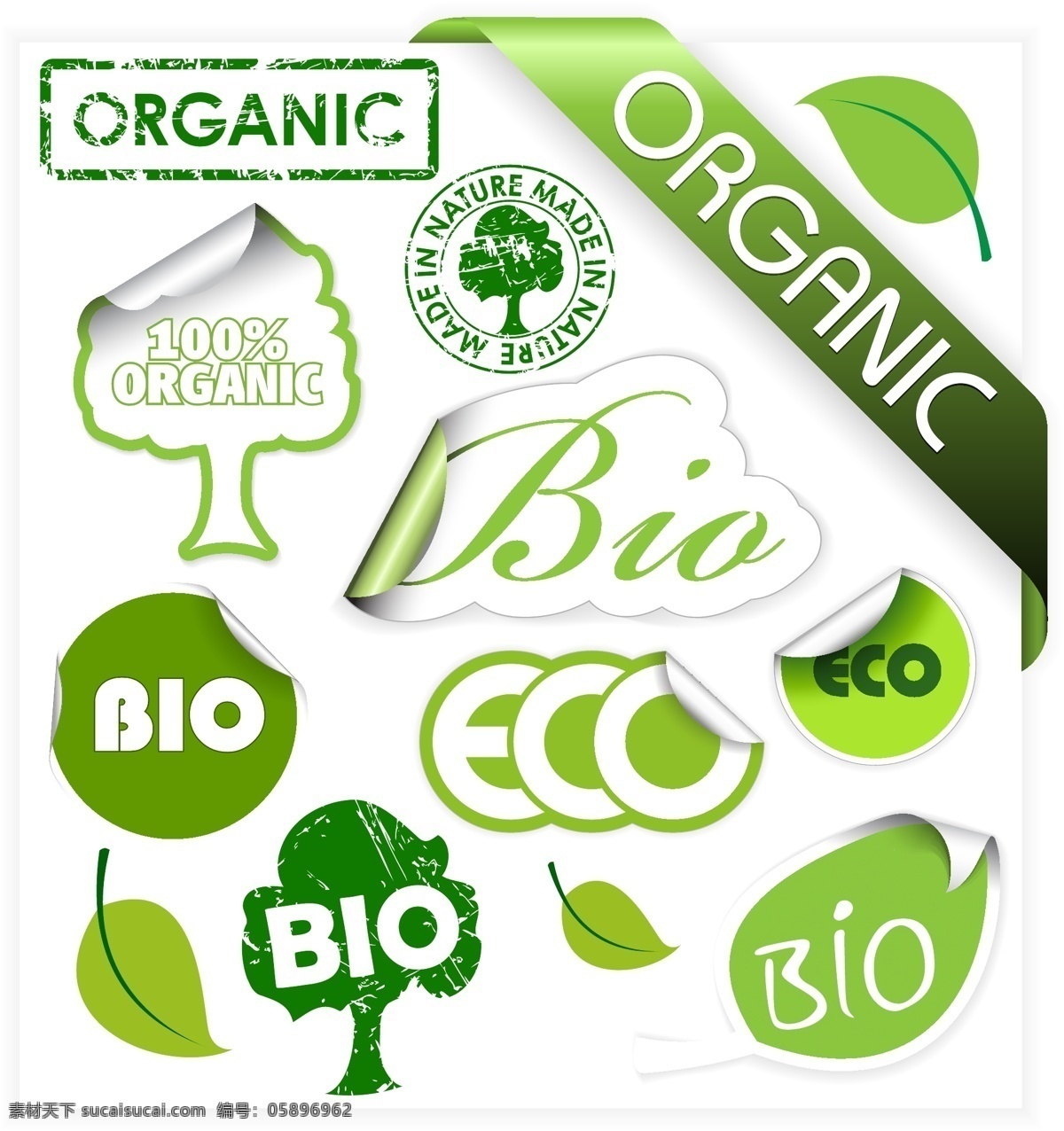 环保 主题 贴纸 图标 矢量 banner bio eco 矢量素材 树木 树叶