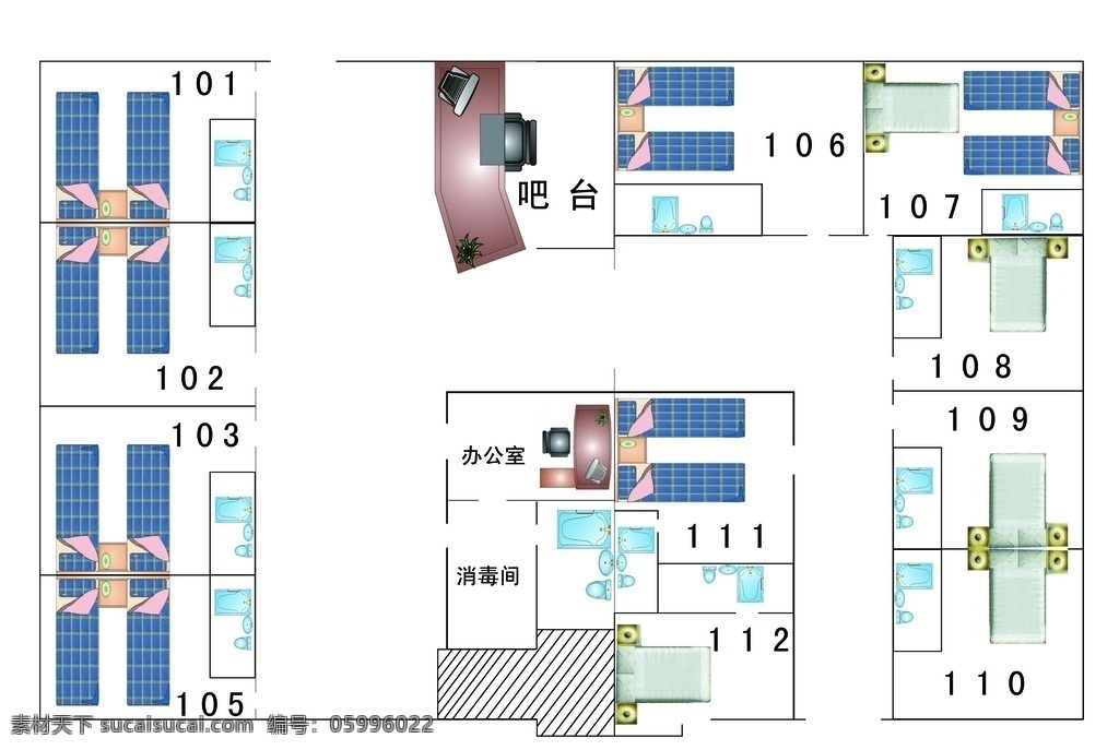 平面图 酒店平面图 房间平面图 床 卫生间 办公桌 分层