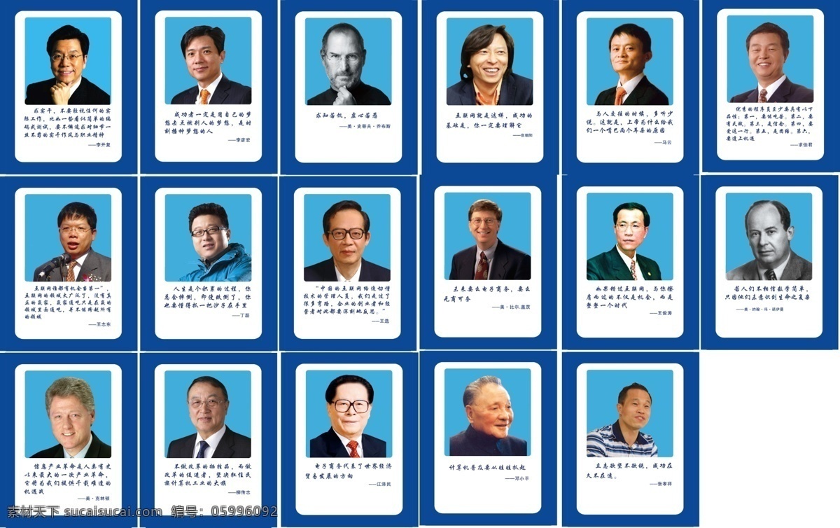 名人名言 校园文化 学校 名人 邓小平 江泽明 克林顿 柳传志 王峻涛 比尔盖茨 王选 丁磊 王志东 马云 张朝阳 乔布斯 李彦宏 李开复 莫依曼 求伯君 张孝祥 展板模板 广告设计模板 源文件