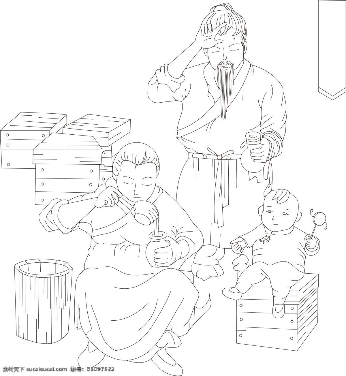 养蜂人家 养蜂人 蜂蜜 线条画 白描 小孩 夫妇 传统文化 文化艺术