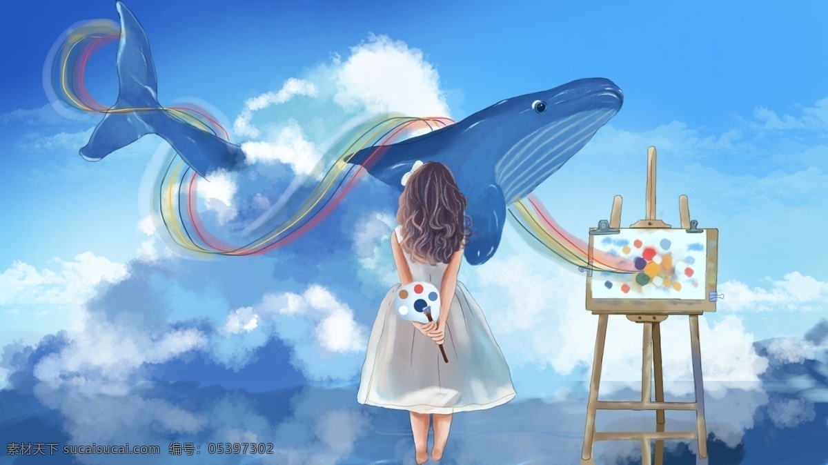 女孩 画板 海蓝 时见 鲸 蓝色 插画 画笔 天空 海