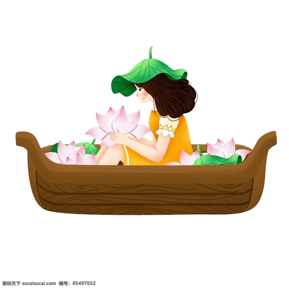 手绘 乘船 泛舟 女孩 人物 卡通 女生 荷花 夏季 插画