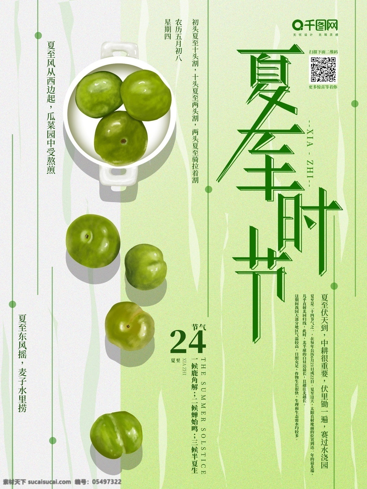 原创 手绘 清新 夏至 节日 海报 李子 绿色 夏至时节 二十四节气 传统节气 插画 简约