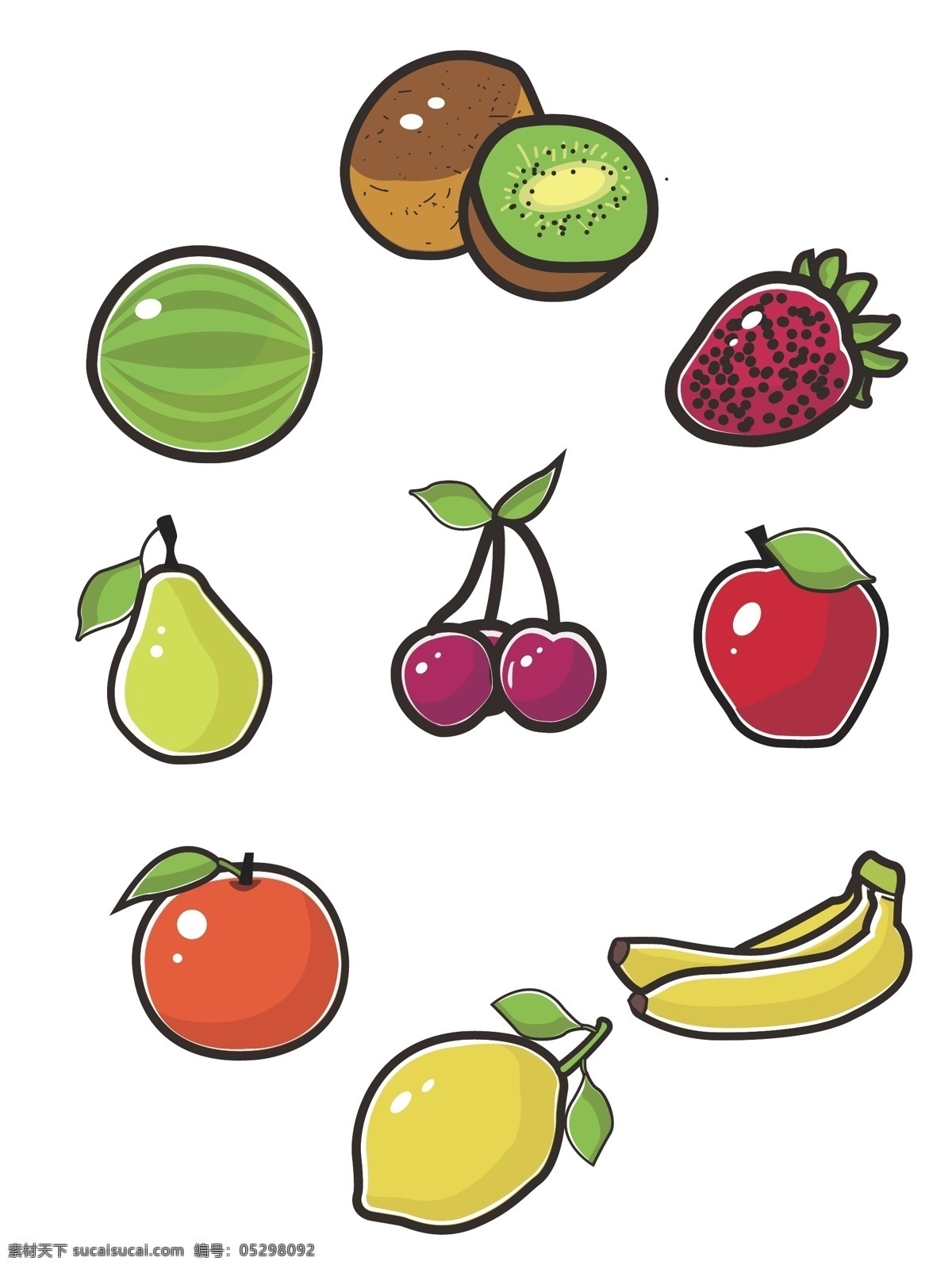 矢量 简约 小 清新 水果 集合 商用 元素 草莓 苹果 柠檬 小清新 装饰图案 西瓜 猕猴桃 梨 樱桃 橙子 香蕉 手绘