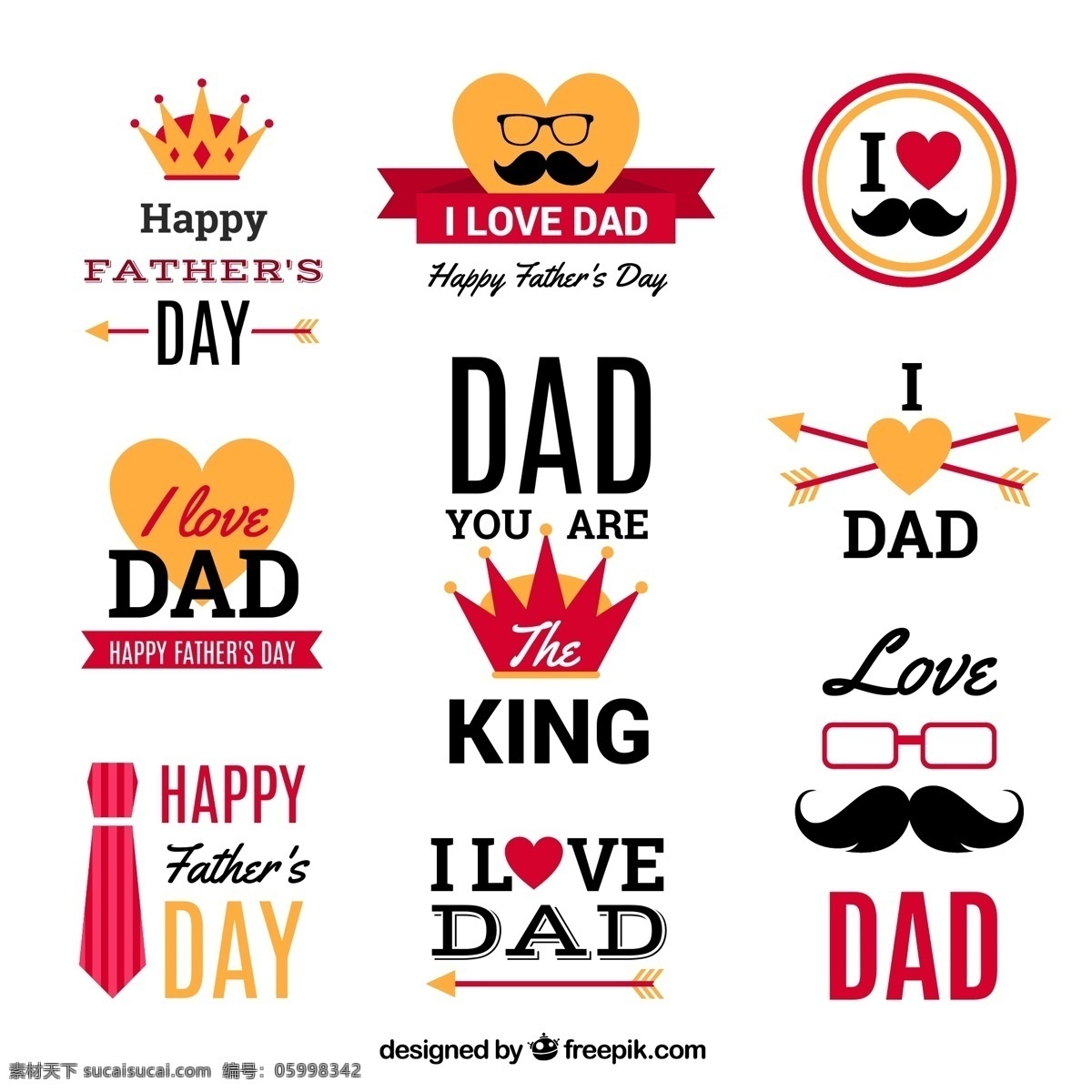 款 彩色 父亲节 标签 矢量图 皇冠 爱心 胡子 丝带 眼镜 happy fathers day dad