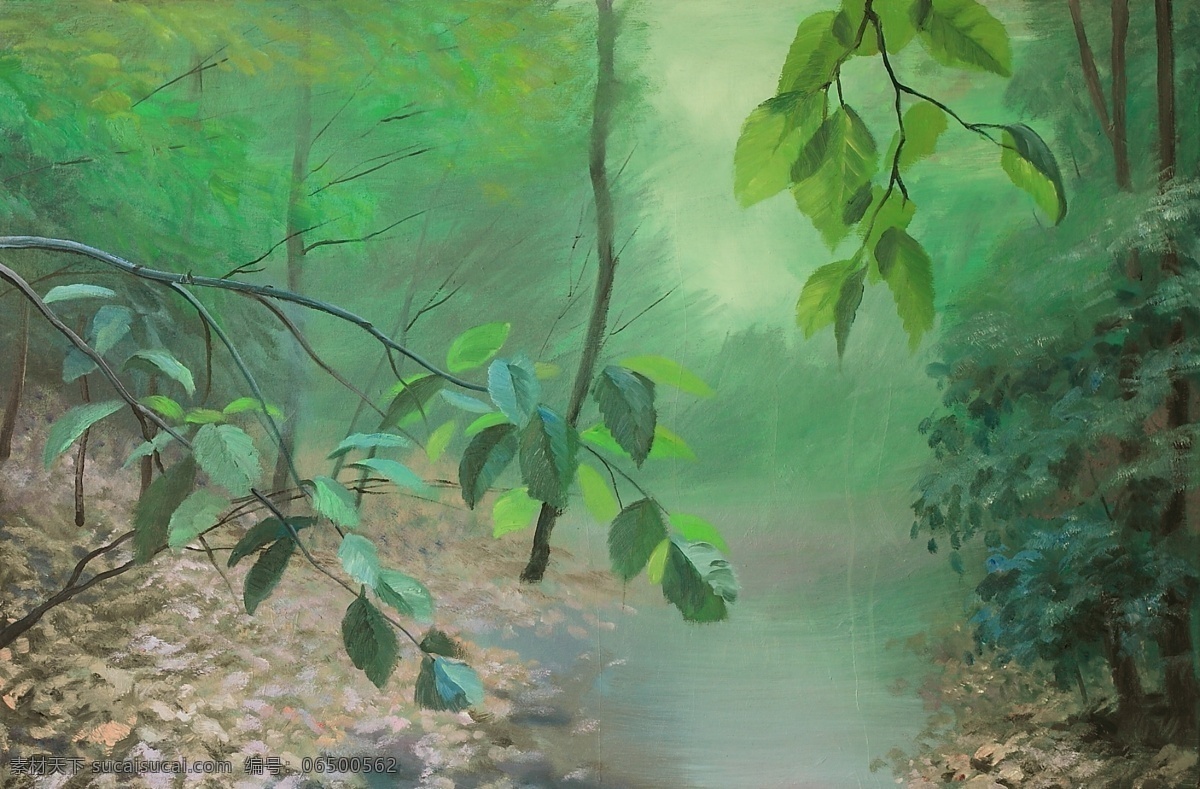 林间 绘画书法 树叶 树枝 文化艺术 小溪 油画 刘维维 家居装饰素材