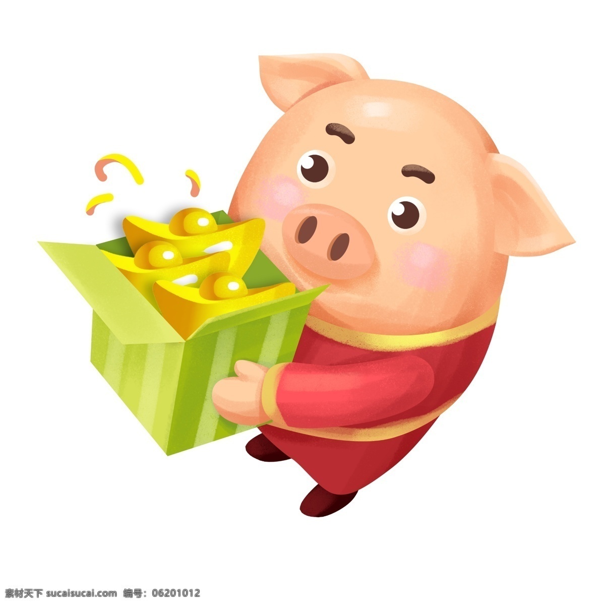 快乐 小 猪 恭喜发财 红色衣服 金元宝 新年快乐 财源广进 快乐小猪 绿盒子 方形盒子 送礼小猪