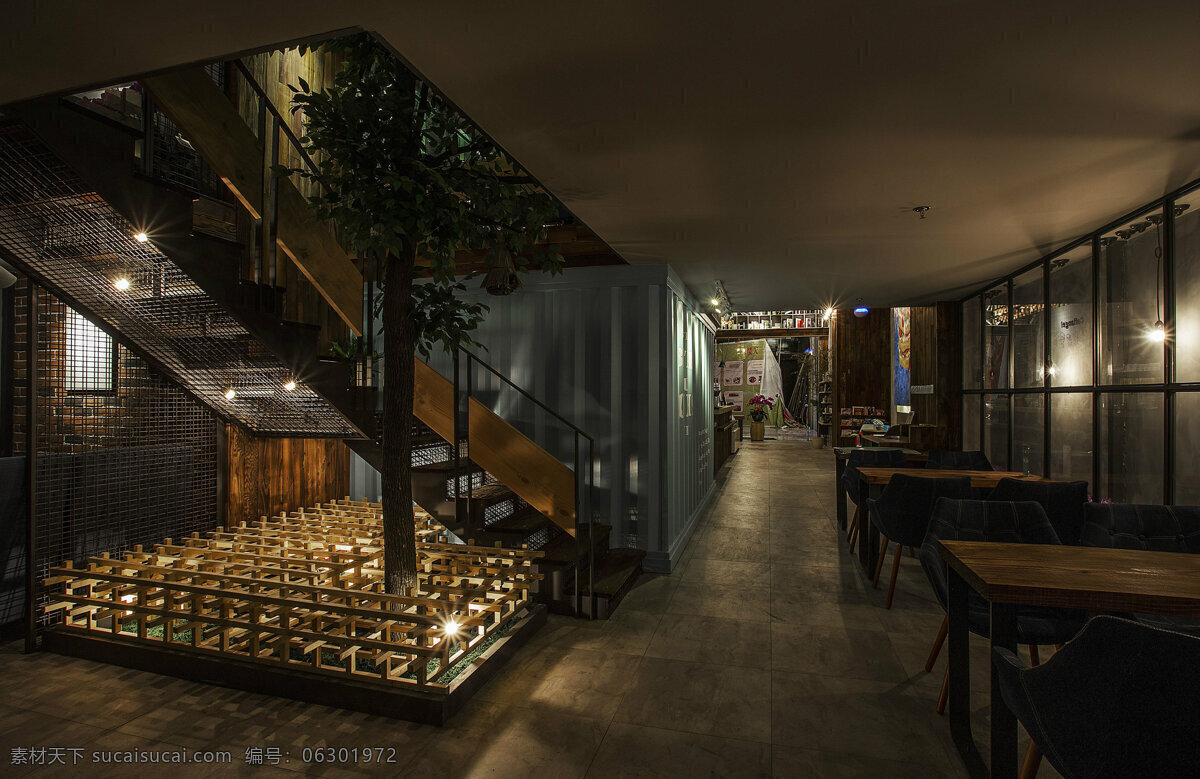 现代 时尚 深色 餐桌椅 餐厅 工装 装修 效果图 大盆栽 工装装修 木制餐桌 深色楼梯 餐厅装修