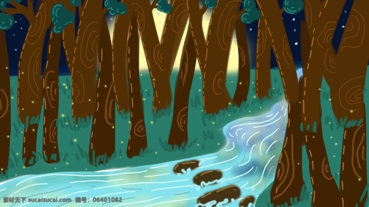 森林 小溪 梦幻 背景 背景素材 卡通背景 手绘背景 手绘 插画背景 广告背景 psd背景