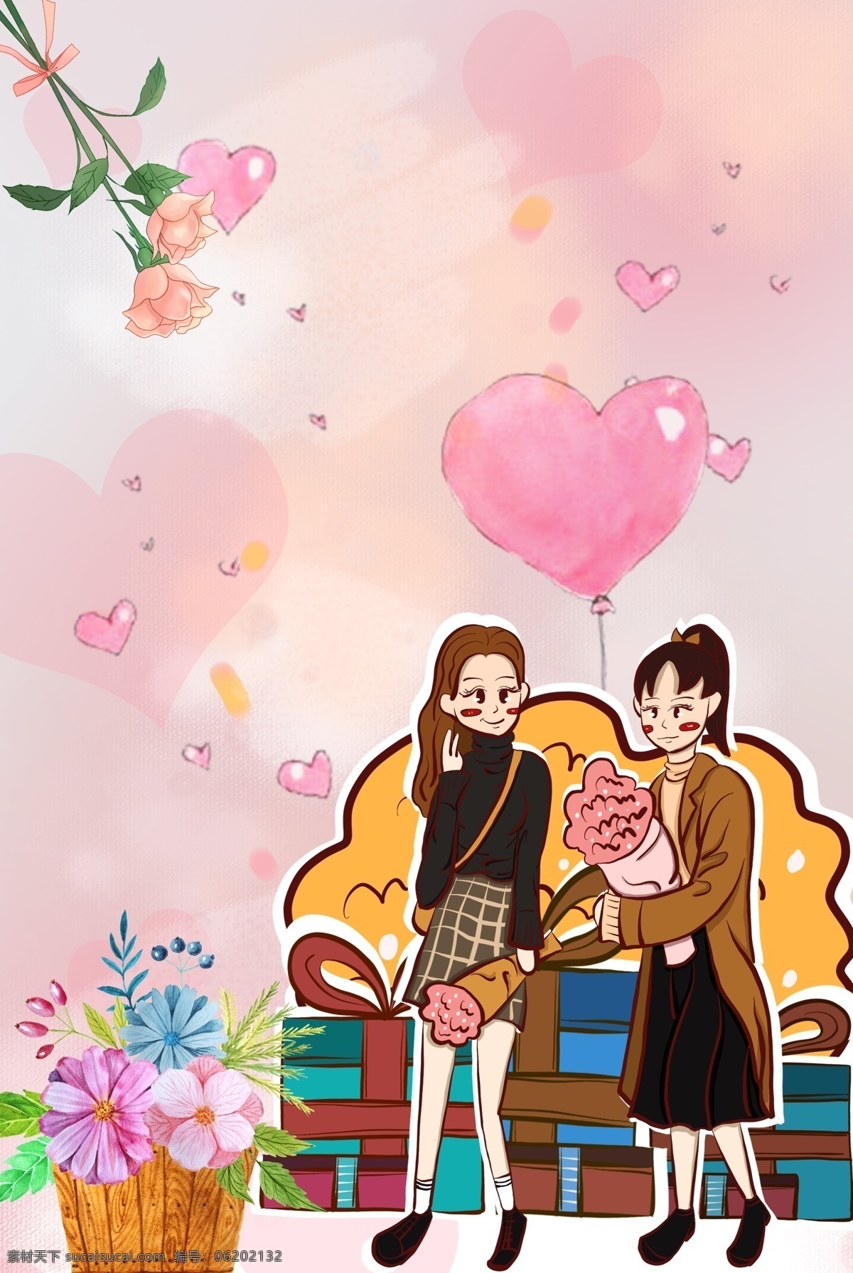 女生 节 购物 电商 淘宝 背景 手绘 插画 梦幻 卡通 美少女 青春 少女 女王节 女装 春装 花卉 春