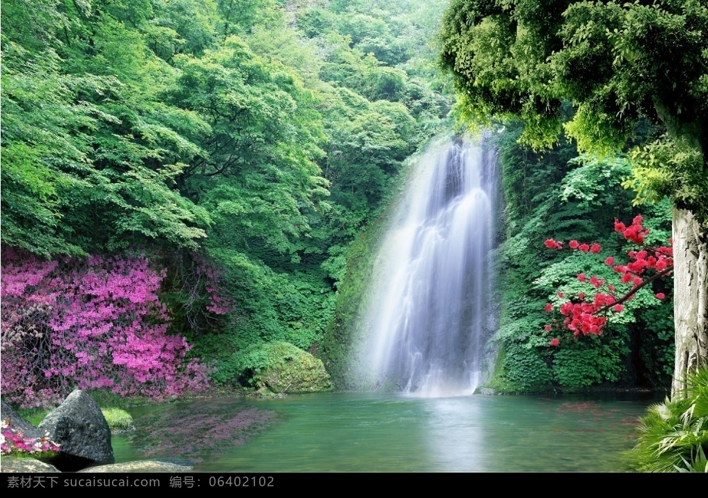 山水画 山水图 瀑布 大树 鲜花 矿泉 泉水 风景 广告背景 源文件库