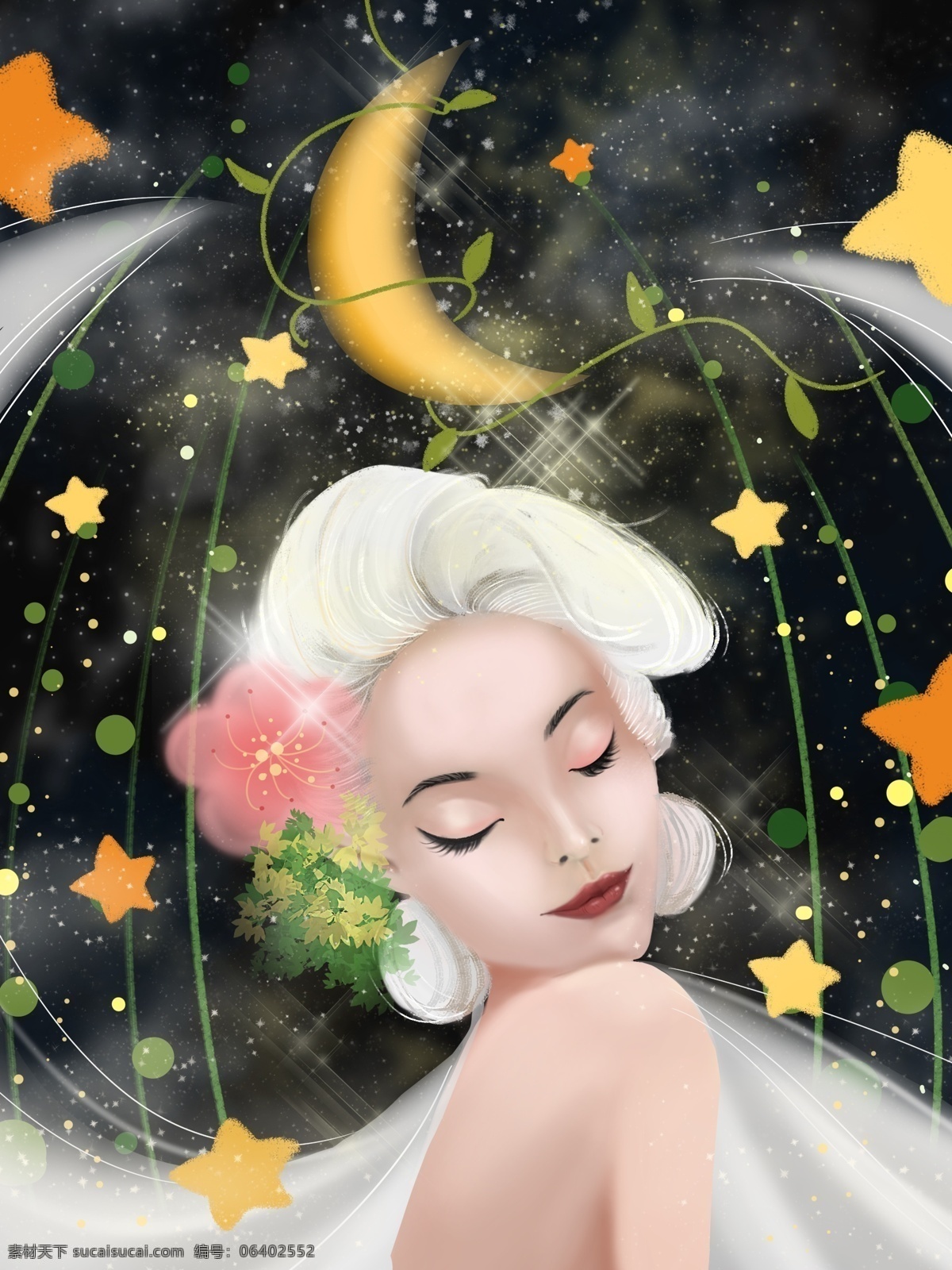 晚安 世界 月下 精灵 肌理 写实 清新 插画 星空 美女 星星 光效 晚上 晚安世界 夜晚 夜色 暗夜精灵 杂色 小清新 配图 绘本 女人 仙女 月亮 黑夜 卡通 植物 绿植 花 想象 性感 治愈 细腻