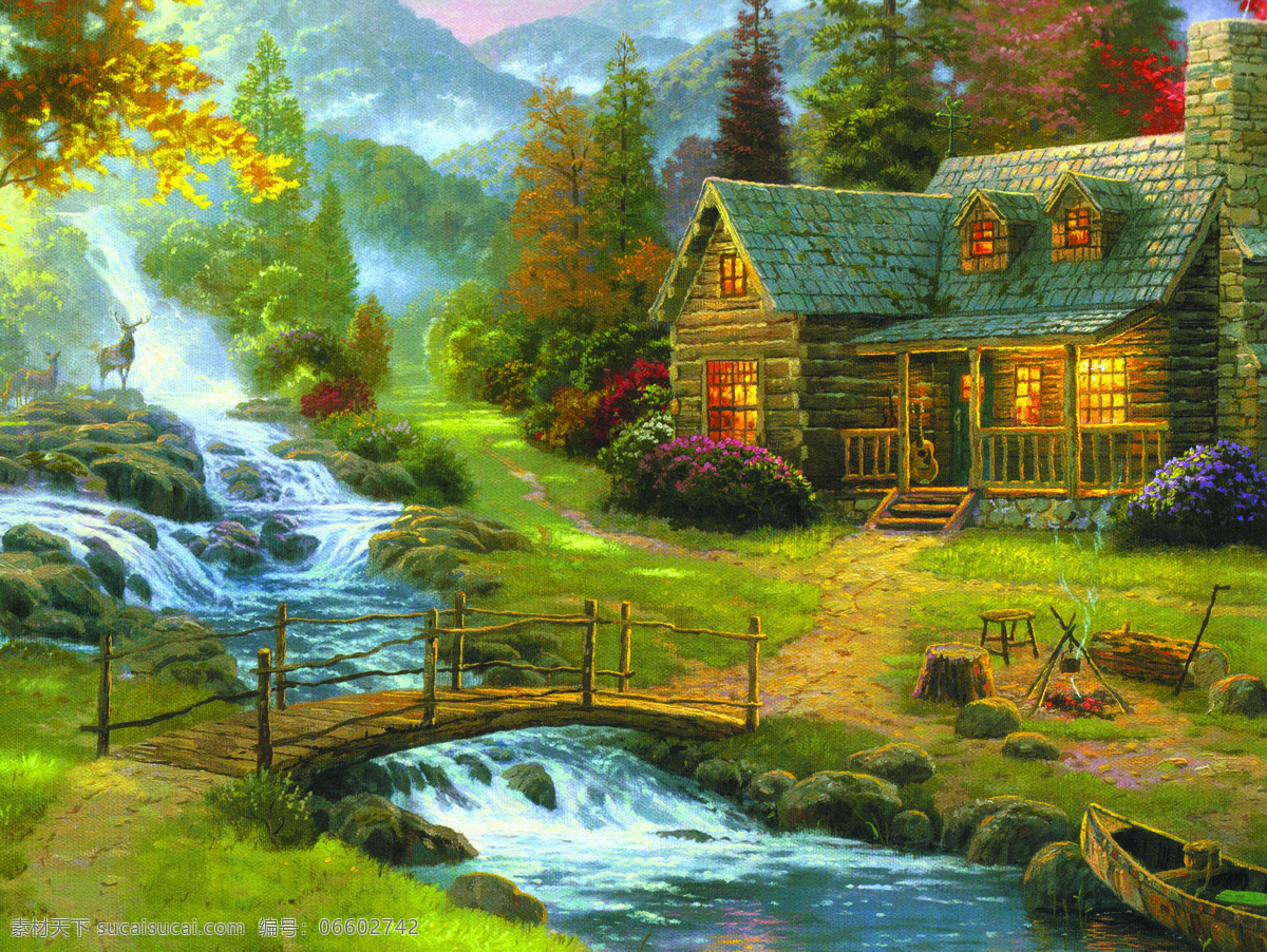 别墅 风景 花草 绘画书法 美景 美术 树林 林间 小溪 设计素材 模板下载 林间小溪 油画 树木 行人 山溪 小桥 油画艺术 文化艺术