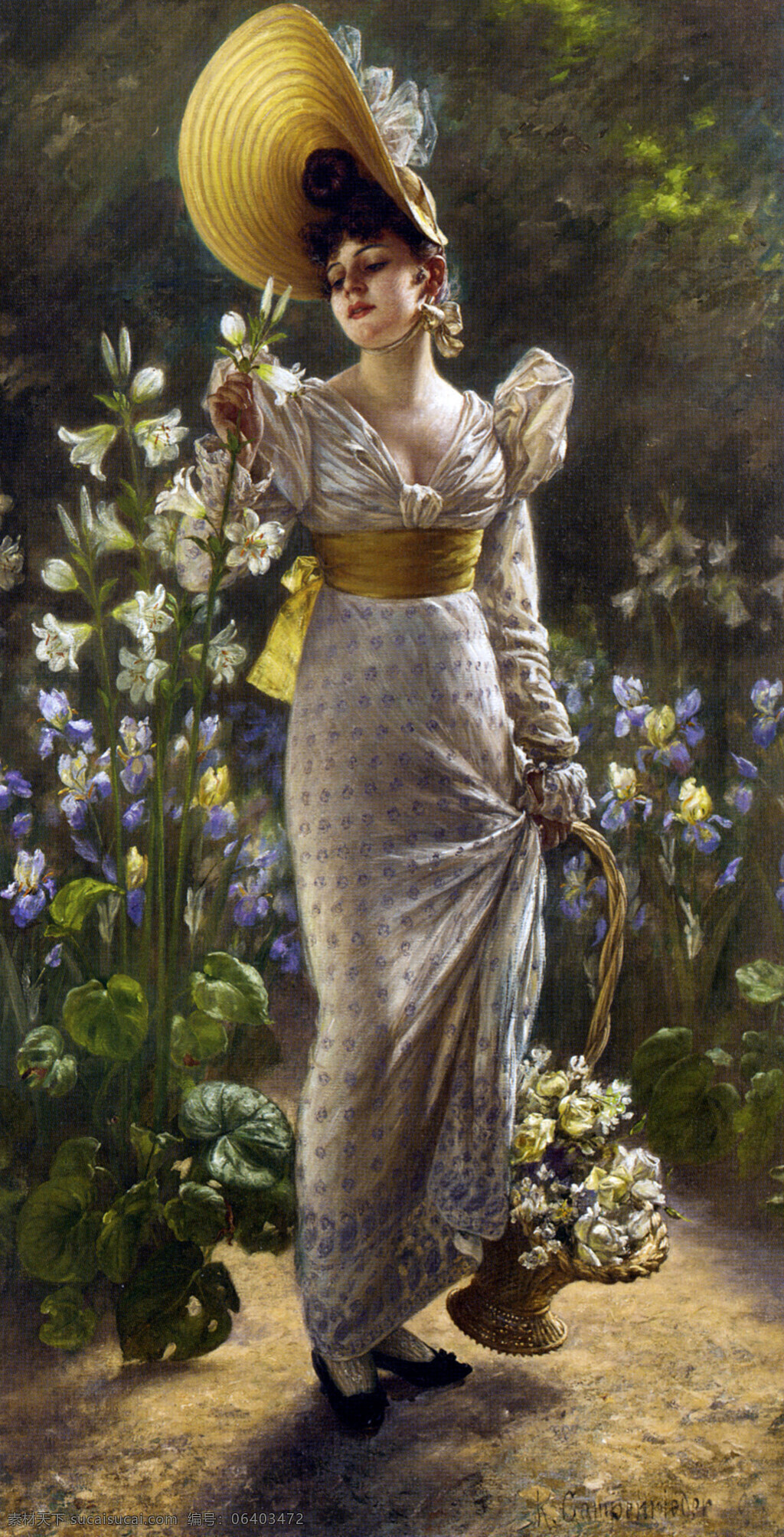 摘花女子 女人 女士 贵妇 草帽 花篮 世界名画 西洋油画 绘画书法 文化艺术 人物