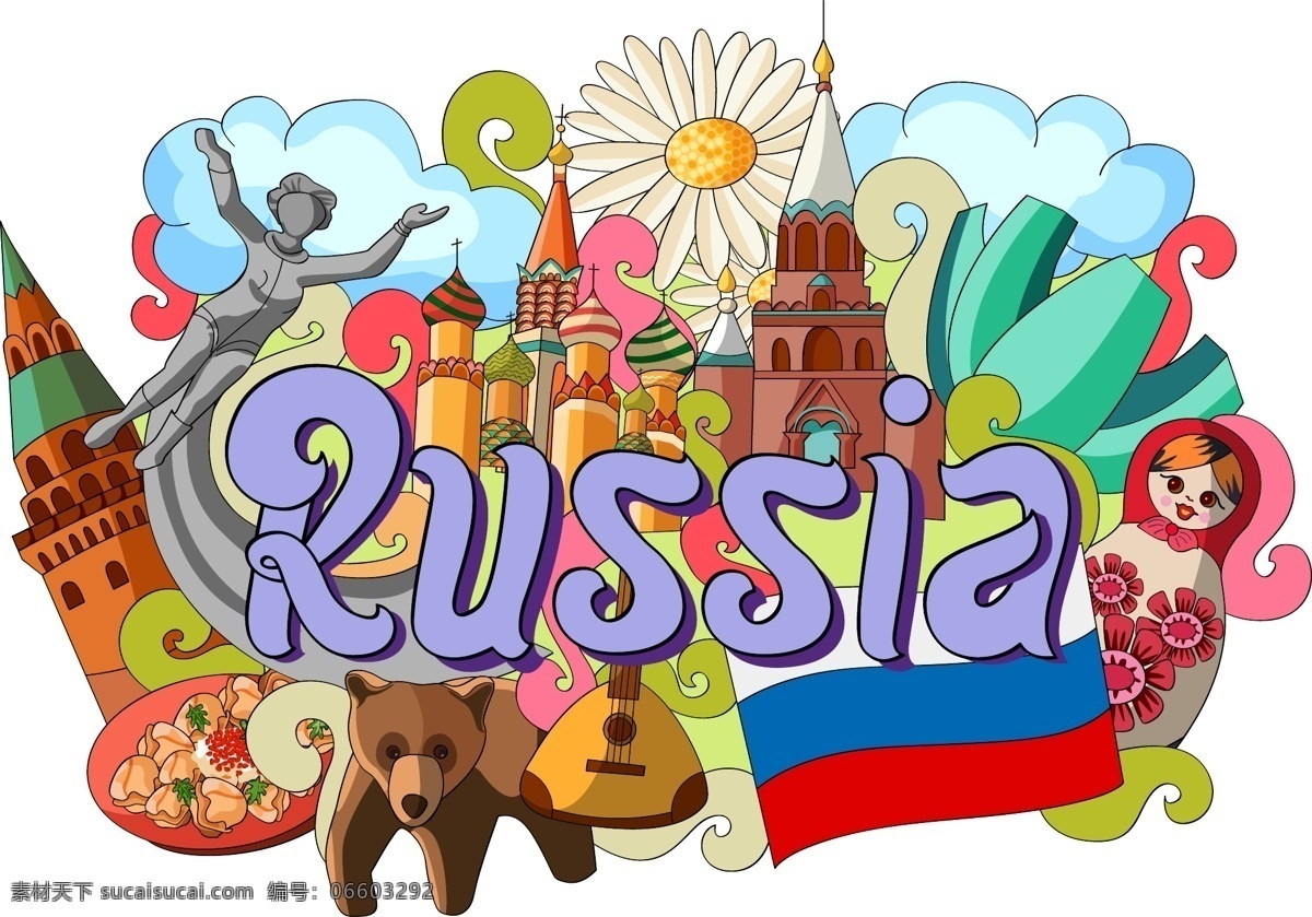 俄罗斯 特色 旅行 插画 建筑 动物
