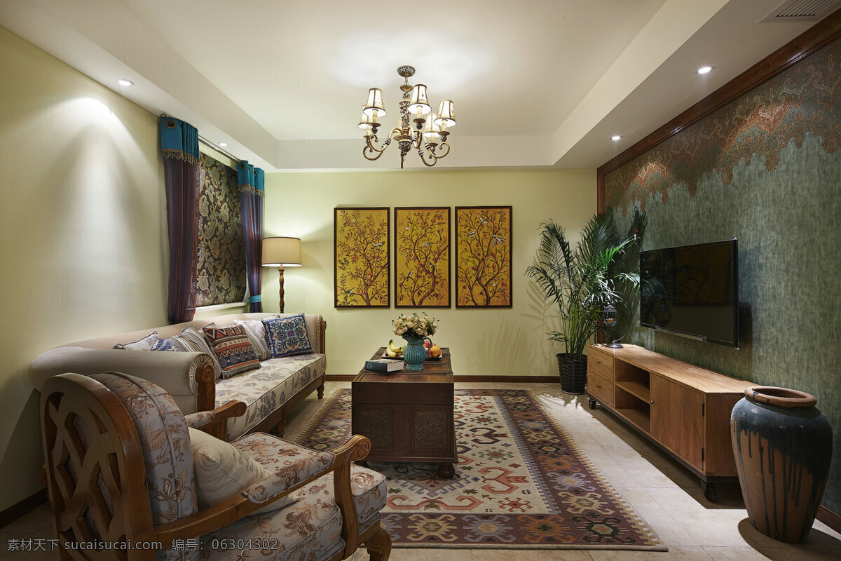 客厅 美式 现代 环保 装修 效果图 花纹地毯 实木电视柜 创意背景墙 时尚沙发 白色集成吊顶