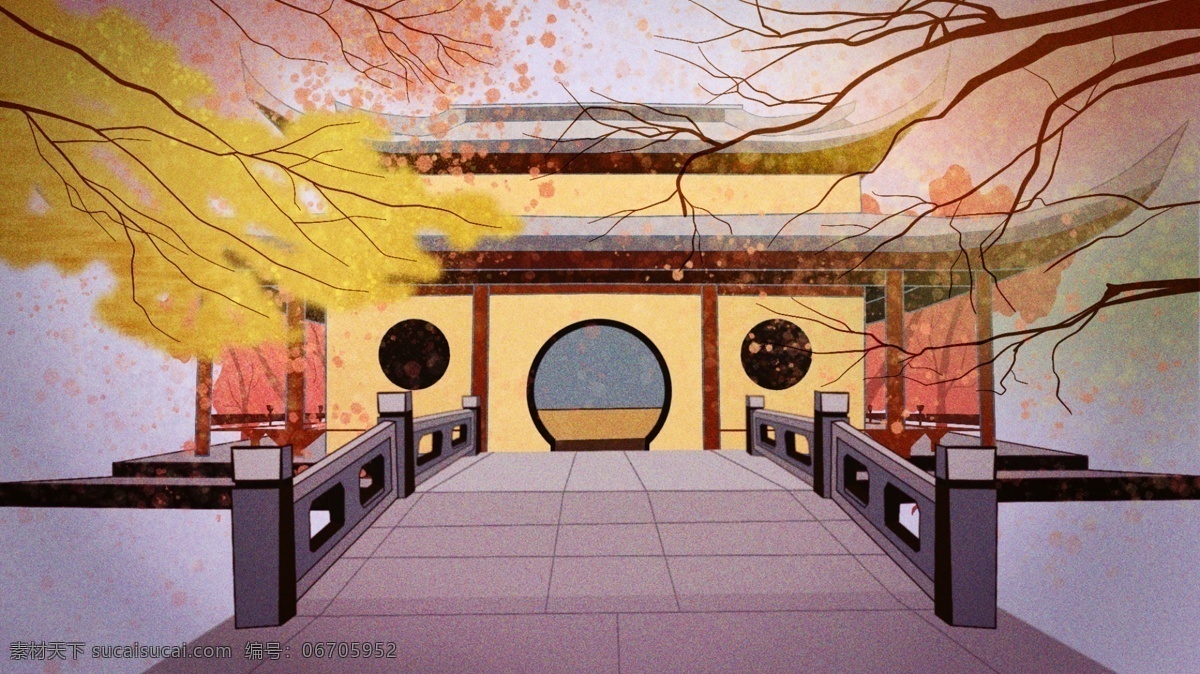 古代建筑 小桥流水 树木 卡通 背景 古代 建筑 风景 庭院 小桥 流水