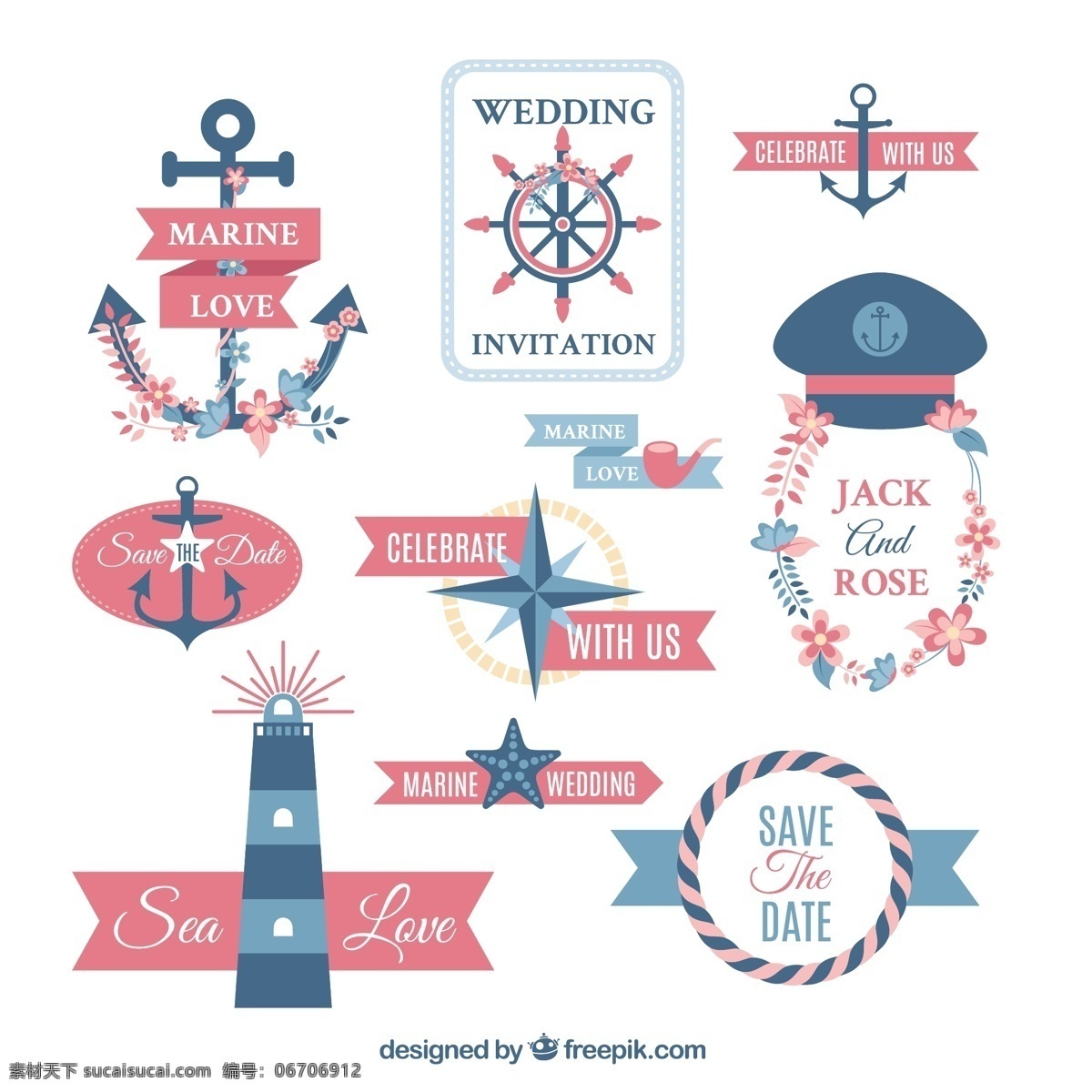 可爱 海军 婚礼 标签 标签的集合 花卉 徽章 海 地势平坦 丝带 绳索 锚 航海 海洋 平 不干胶 会员 船舶 水手