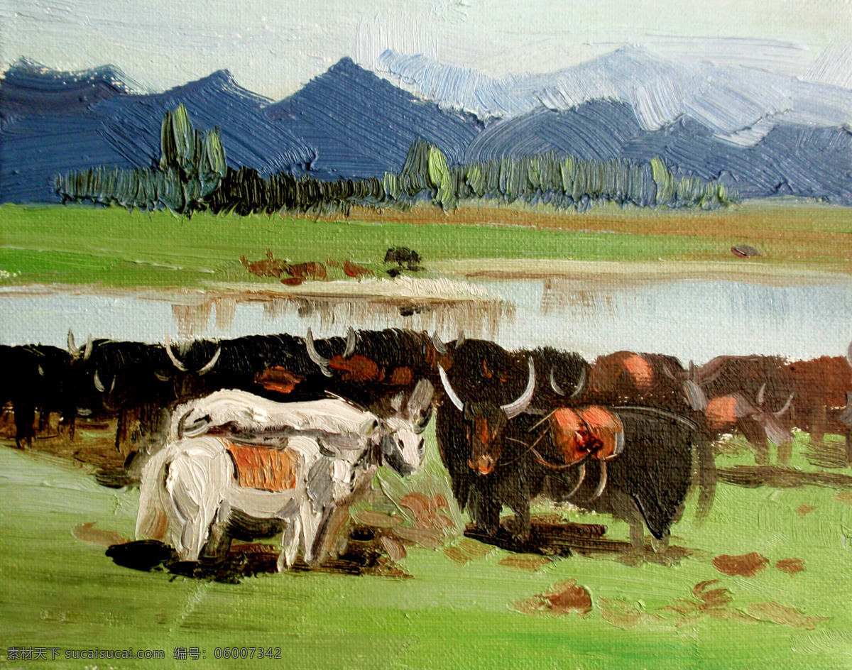 草原 河流 绘画书法 绿草 牦牛 美术 牛群 山岭 草原春意 油画 油画艺术 油画作品38 文化艺术