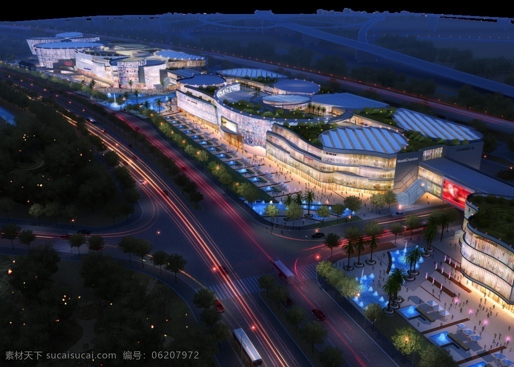 建筑鸟瞰图 建筑 鸟瞰图 夜景 灯光 蓝色 车行线 车流 道路 园林 建筑表现 分层