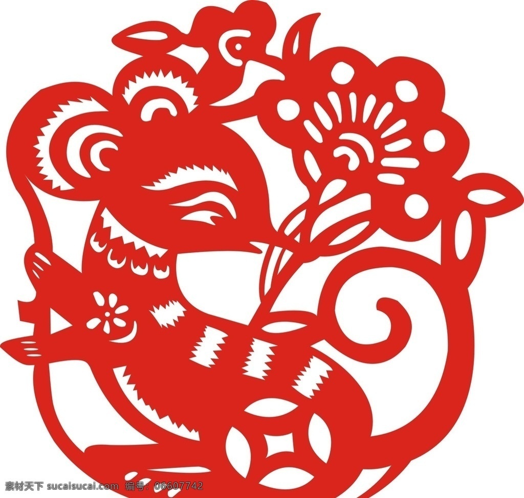 老鼠剪纸 窗花 猴年 剪纸 猴子 传统文化 红色 文化艺术 节日庆祝 动漫动画 动漫人物