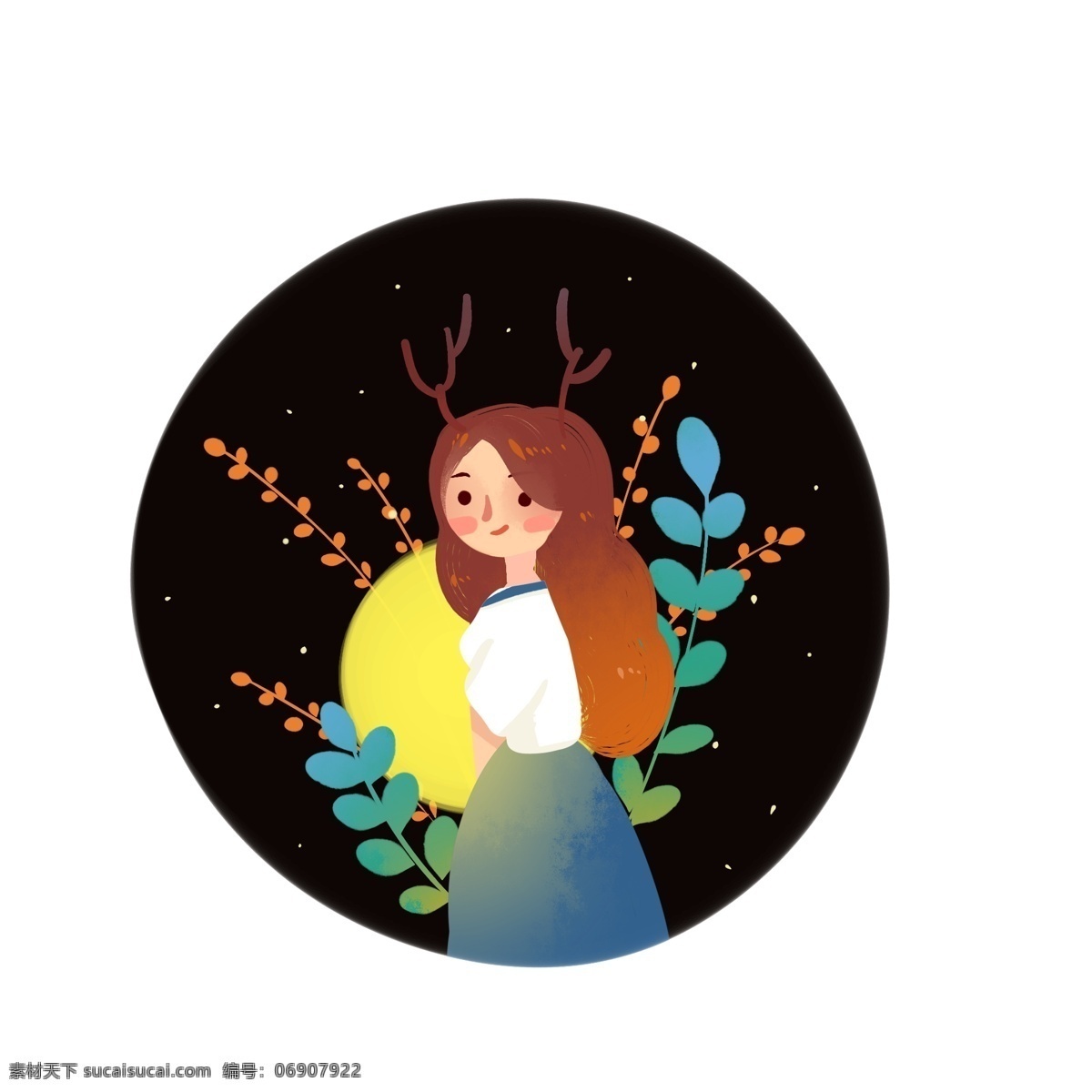 幻想 绘 风 女孩 手绘 插画 元素 幻想风 梦幻 植物 月亮