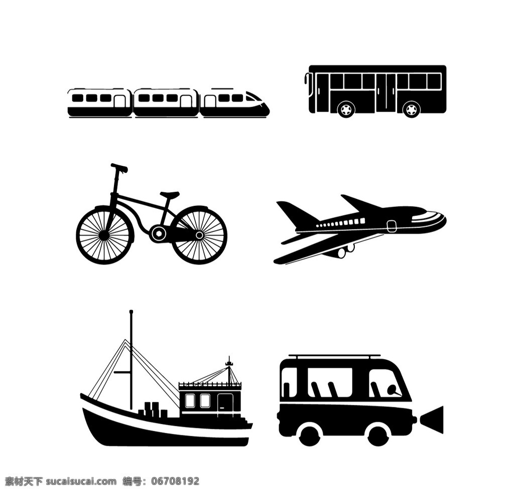 黑白 交通工具 剪影 自行车 汽车 飞机 基础剪影 交通 运输 矢量图素材