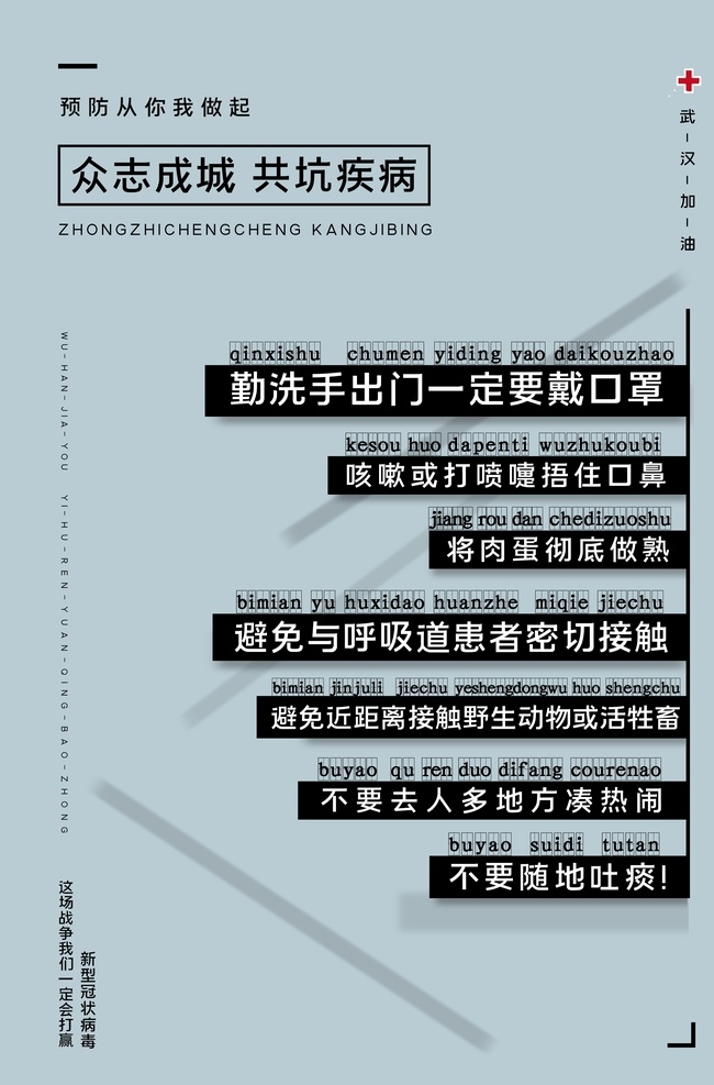 武汉 加油 勤 洗手 戴 口罩 咳嗽 打喷嚏 众志成城 共抗疾病 武汉加油 预防方法 新型冠状病毒 肺炎 打赢 战疫 戴口罩 勤洗手 不凑 热闹 不随地吐痰 写真 海报 展板 广告