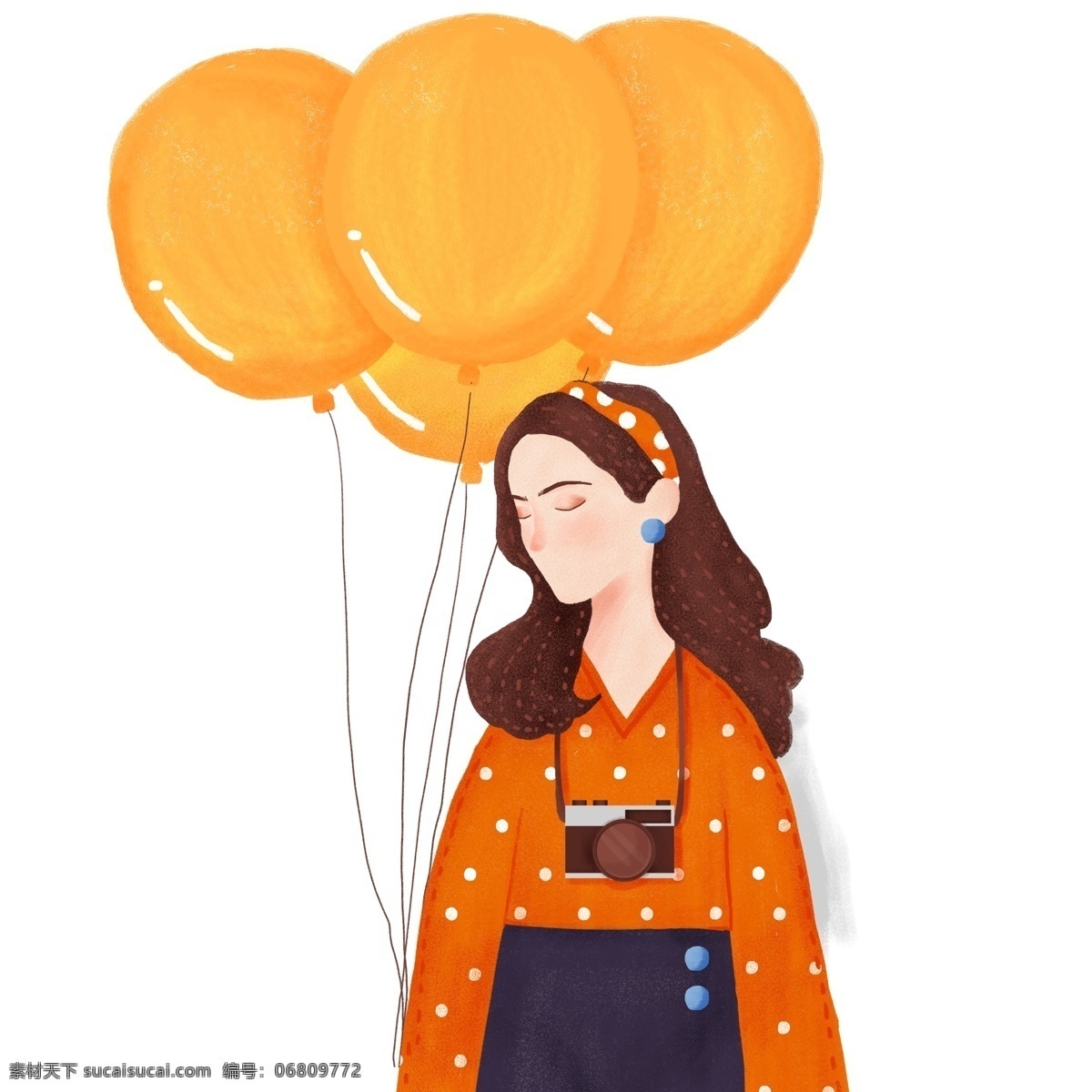 气球 带 相机 旅游 复古 女孩 小清新 插画 彩绘