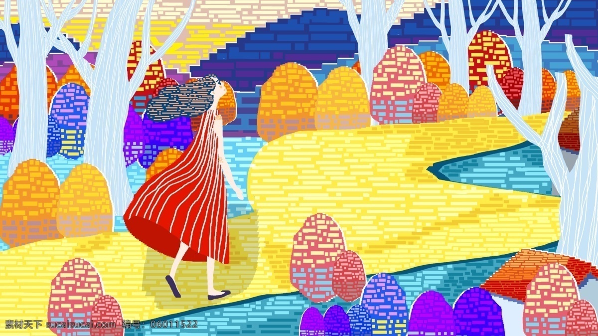 80s 复古 像素 秋天 风景 插画 小女孩 房子 云 月亮 星星 秋天风景插画 手机用图 微博配图 公众号配图